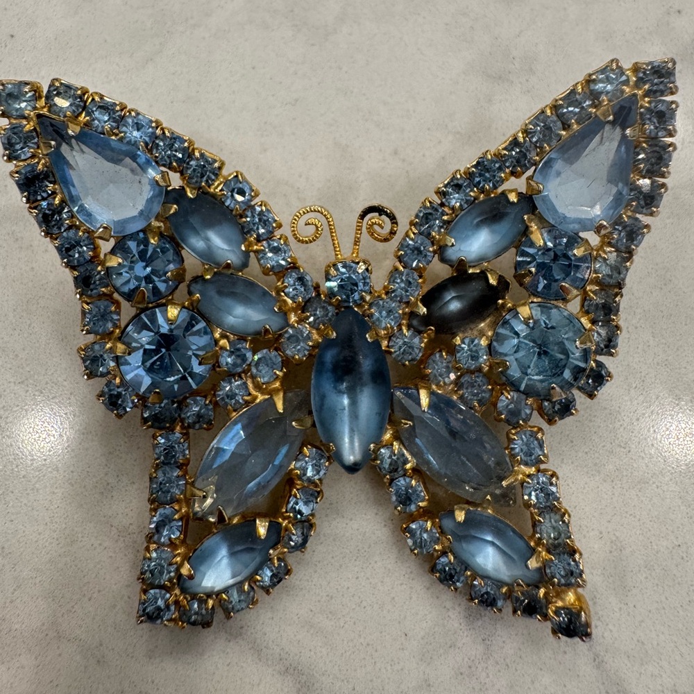 Vintage Blue Rhinestone Butterfly Brooch | Gold Tone | Mid-Century